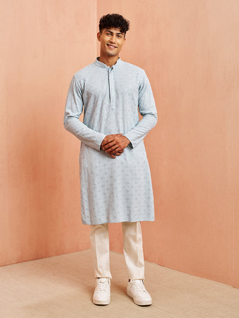 Men's Aqua Chikankari Kurta with Cream Pant Set