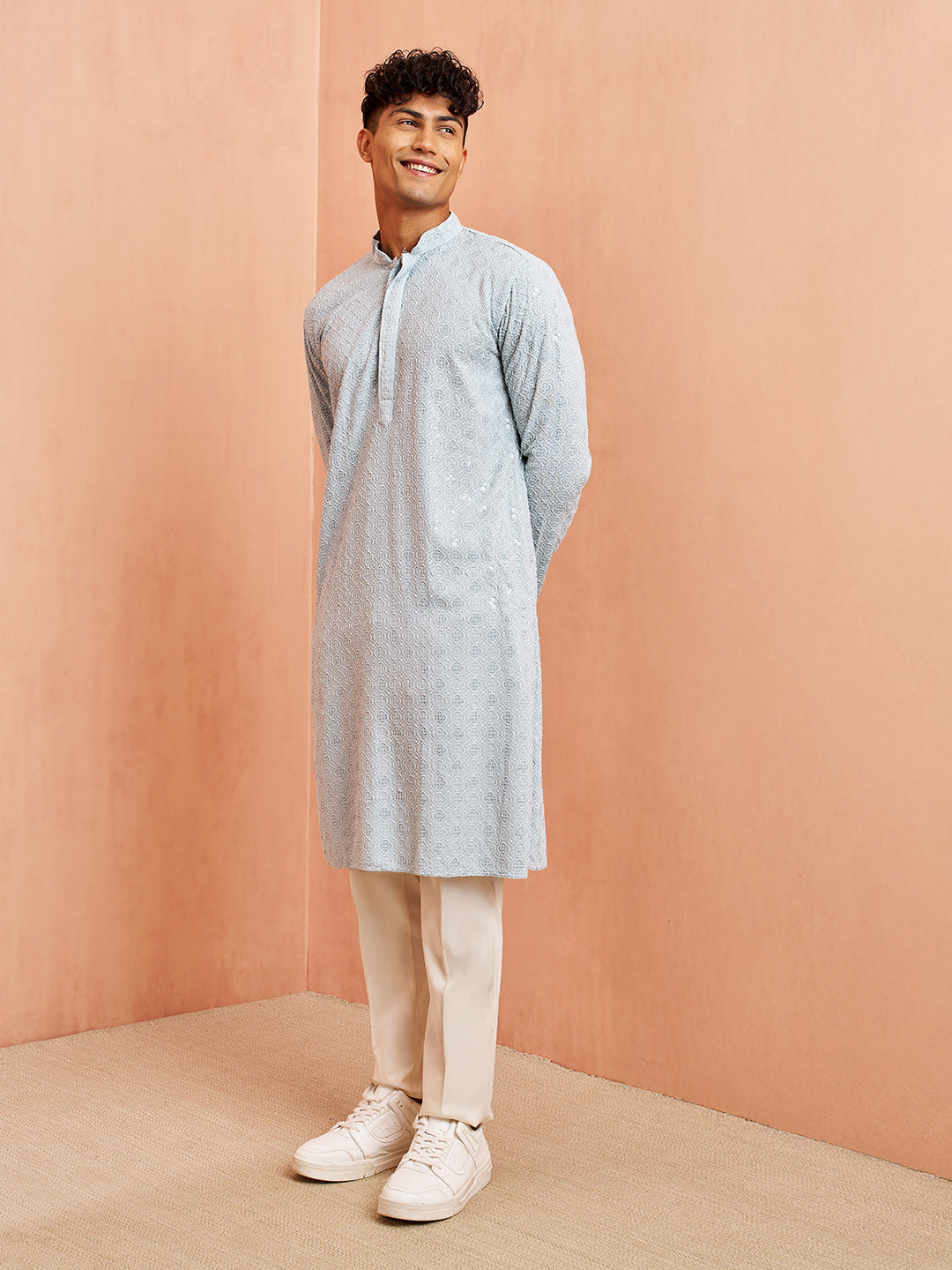 Men's Aqua Chikankari Kurta with Cream Pant Set