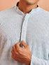 Men Light Blue Embroidered Thread Work Thigh Length Kurta Pant Set with Pyjama