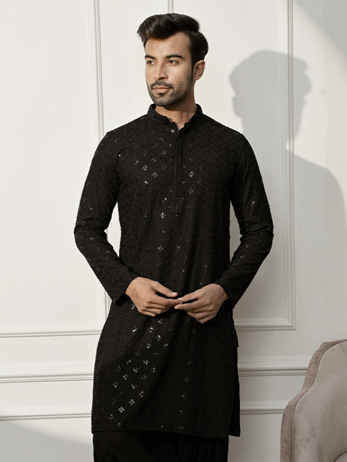 Men Black Rayon Sequin & Thread Embroidered Festive Kurta