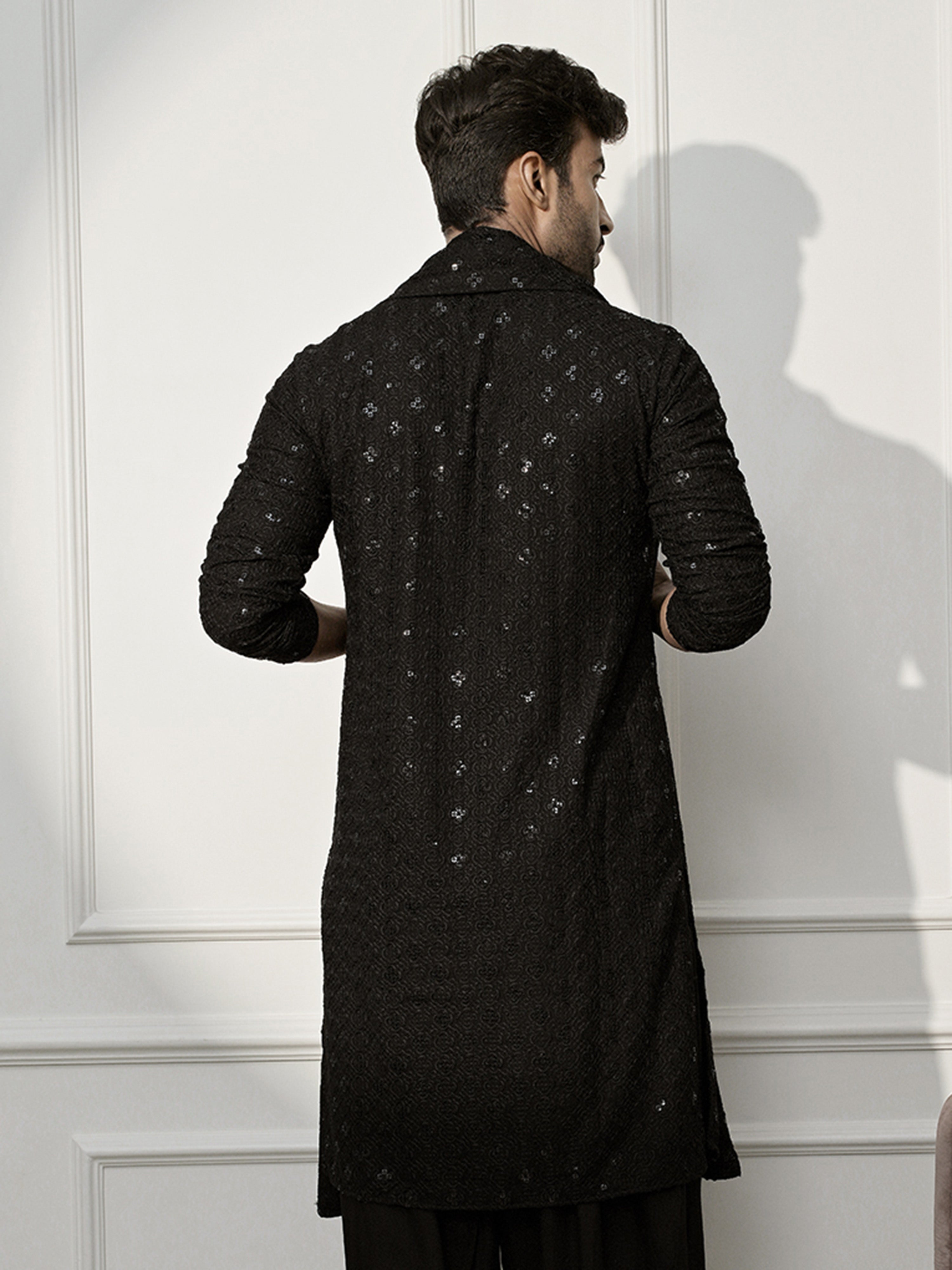 Men's Black Chikankari Silk Kurta with Silk Dupatta Set