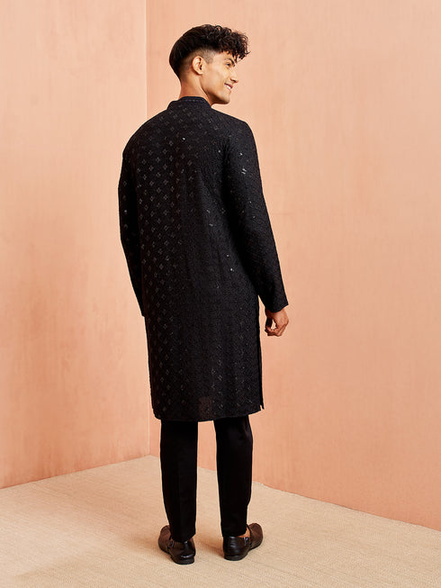 Men's Black Chikankari Embroidered Kurta With White Palazzo Set