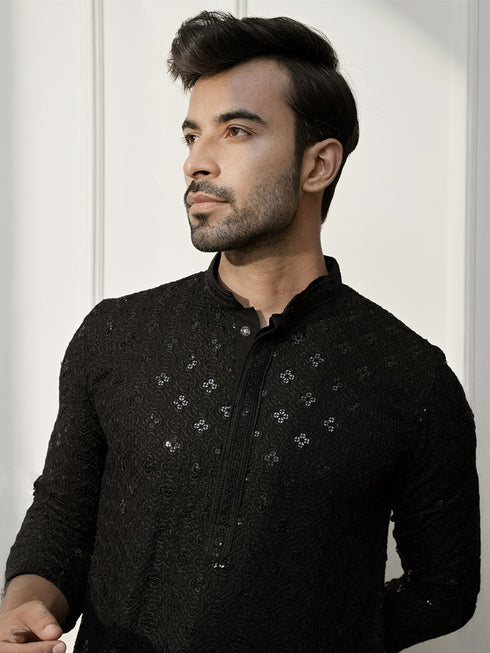 Men's Complete Black Chikankari Embroidered Kurta & Patiala