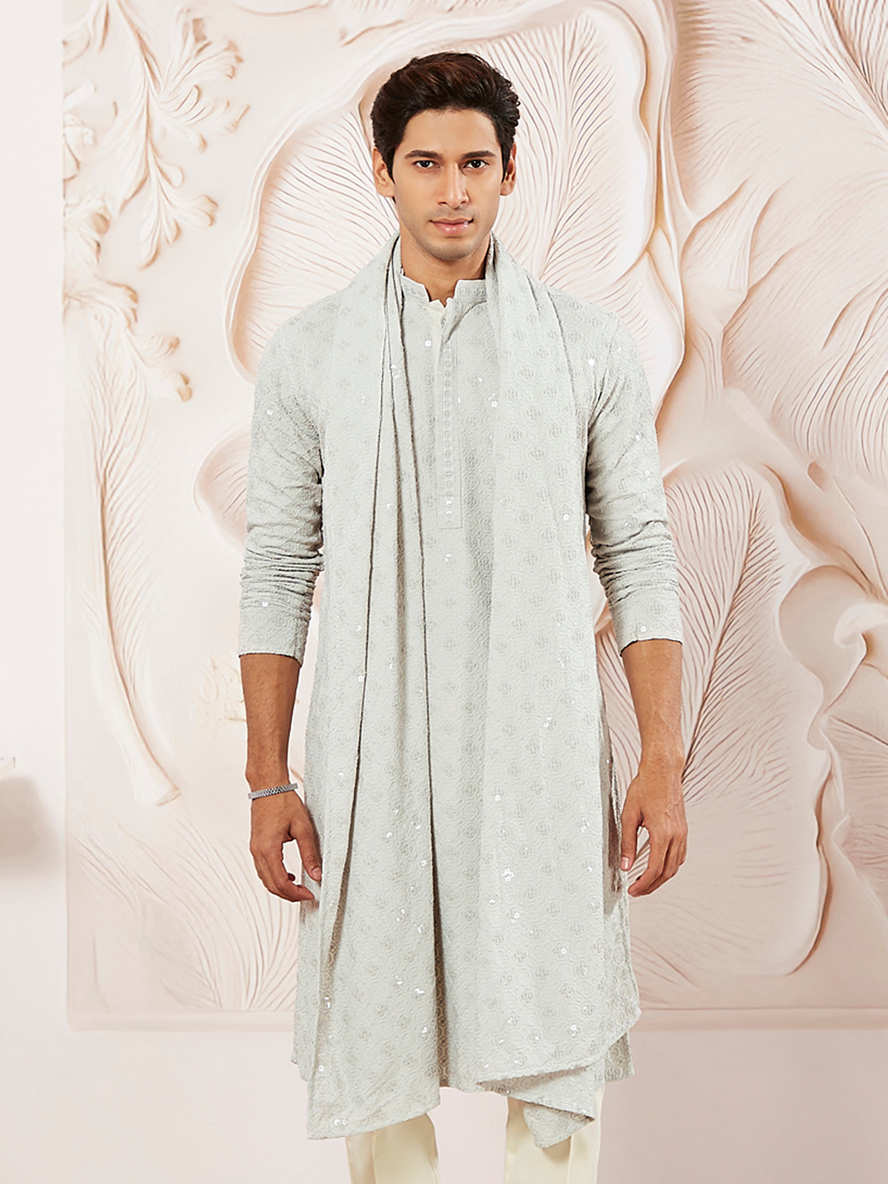 Men's Grey Chikankari Silk Kurta with Silk Dupatta Set