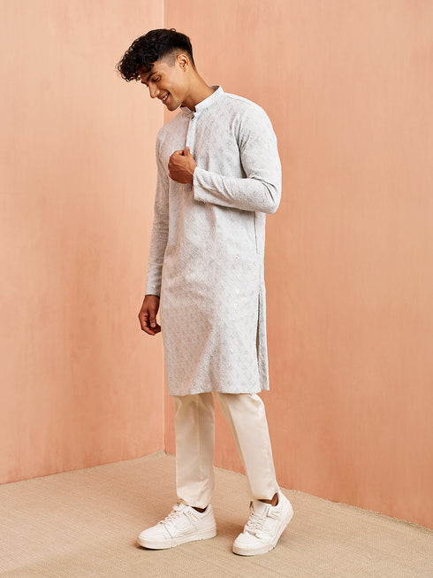 Men's Grey Chikankari Kurta with Cream Pant Set