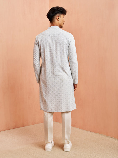 Men's Grey Chikankari Kurta with Cream Pant Set