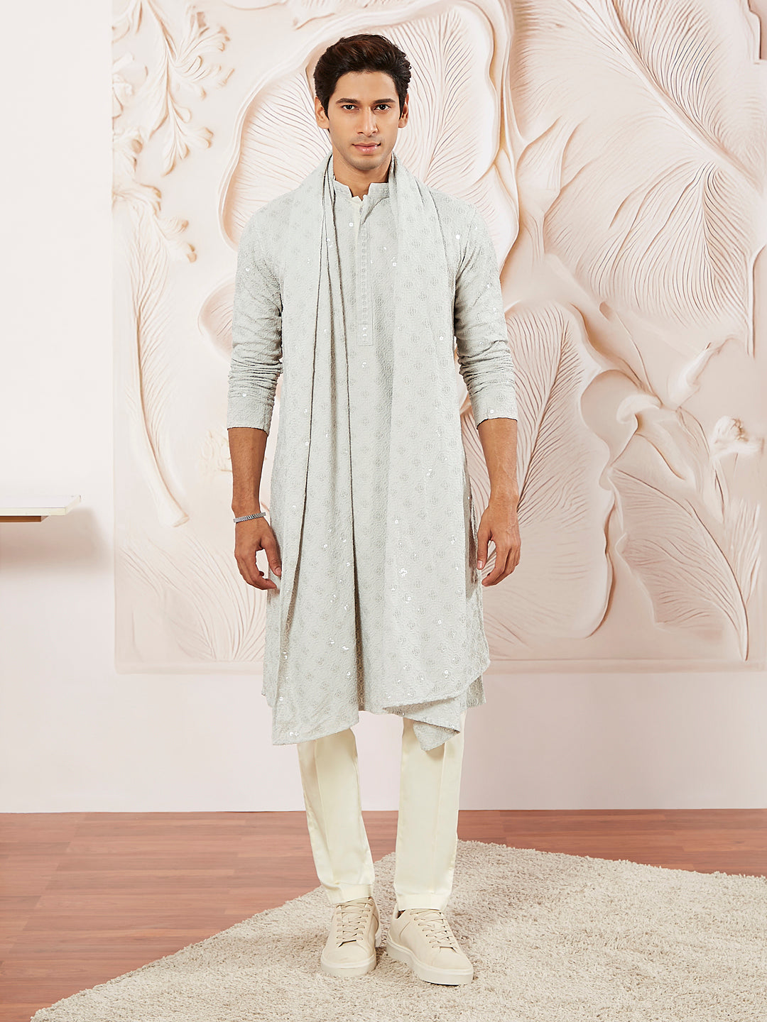 Men's Grey Rayon Kurta Pyjama And Dupatta Set