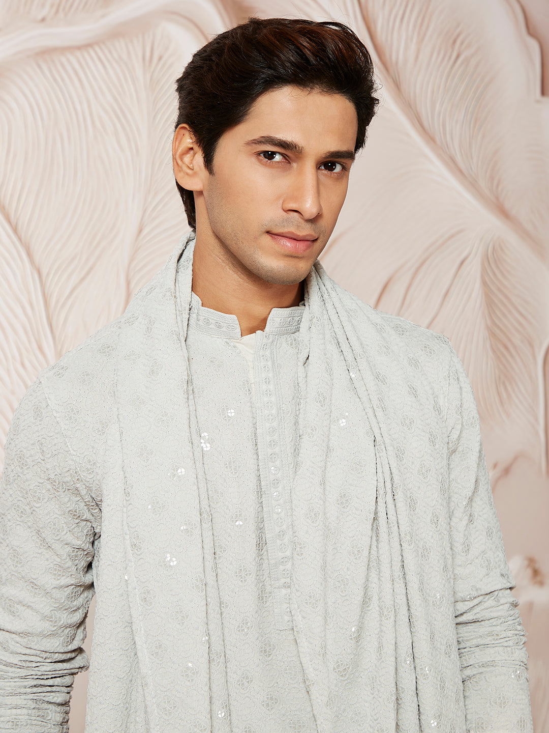 Men's Grey Rayon Kurta Pyjama And Dupatta Set