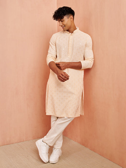 Men's Peach Chikankari Kurta with Cream Pant Set