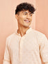 Men's Peach Chikankari Kurta with Cream Pant Set