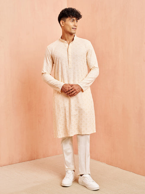 Men's Peach Chikankari Kurta with Cream Pant Set