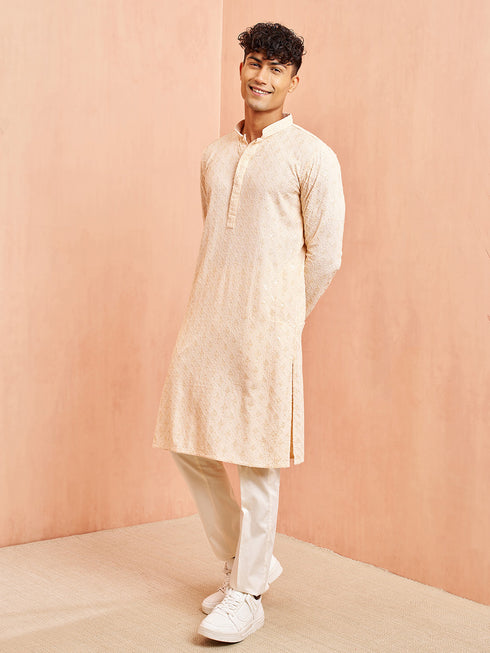 Men's Peach Chikankari Kurta with Cream Pant Set