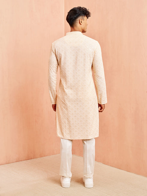 Men's Peach Chikankari Kurta with Cream Pant Set