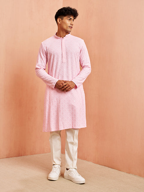 Men's Pink Chikankari Kurta with Cream Pant Set