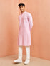 Men Pink Self Design Self-Design Thigh Length Kurta Pant Set with Pyjama