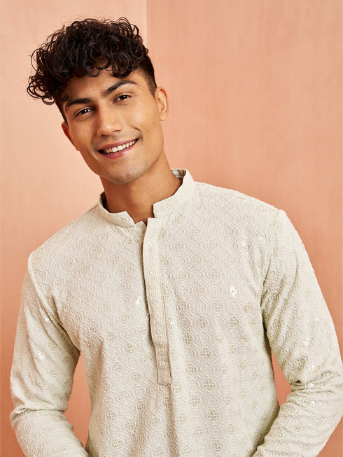 Men's Pista Green Chikankari Kurta with Cream Pant Set