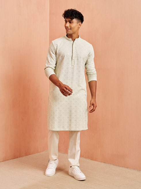 Men's Pista Green Chikankari Kurta with Cream Pant Set