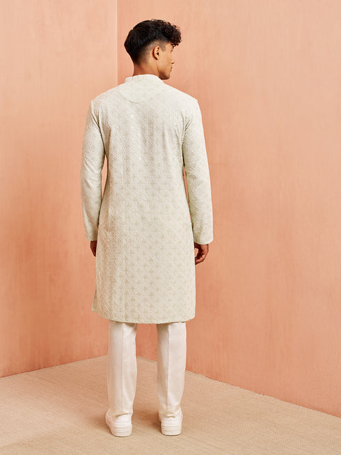 Men's Pista Green Chikankari Kurta with Cream Pant Set