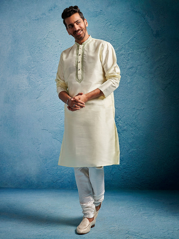 Men's Cream Dupion Silk Thread Work Mandarin Collar Kurta