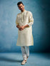 Men's Cream Dupion Silk Thread Work Mandarin Collar Kurta