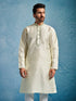 Men's Cream Dupion Silk Ethnic Motiff Thigh Length Kurta