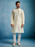 Men Cream Dupion Silk Embroidered Kurta with Churidar Set