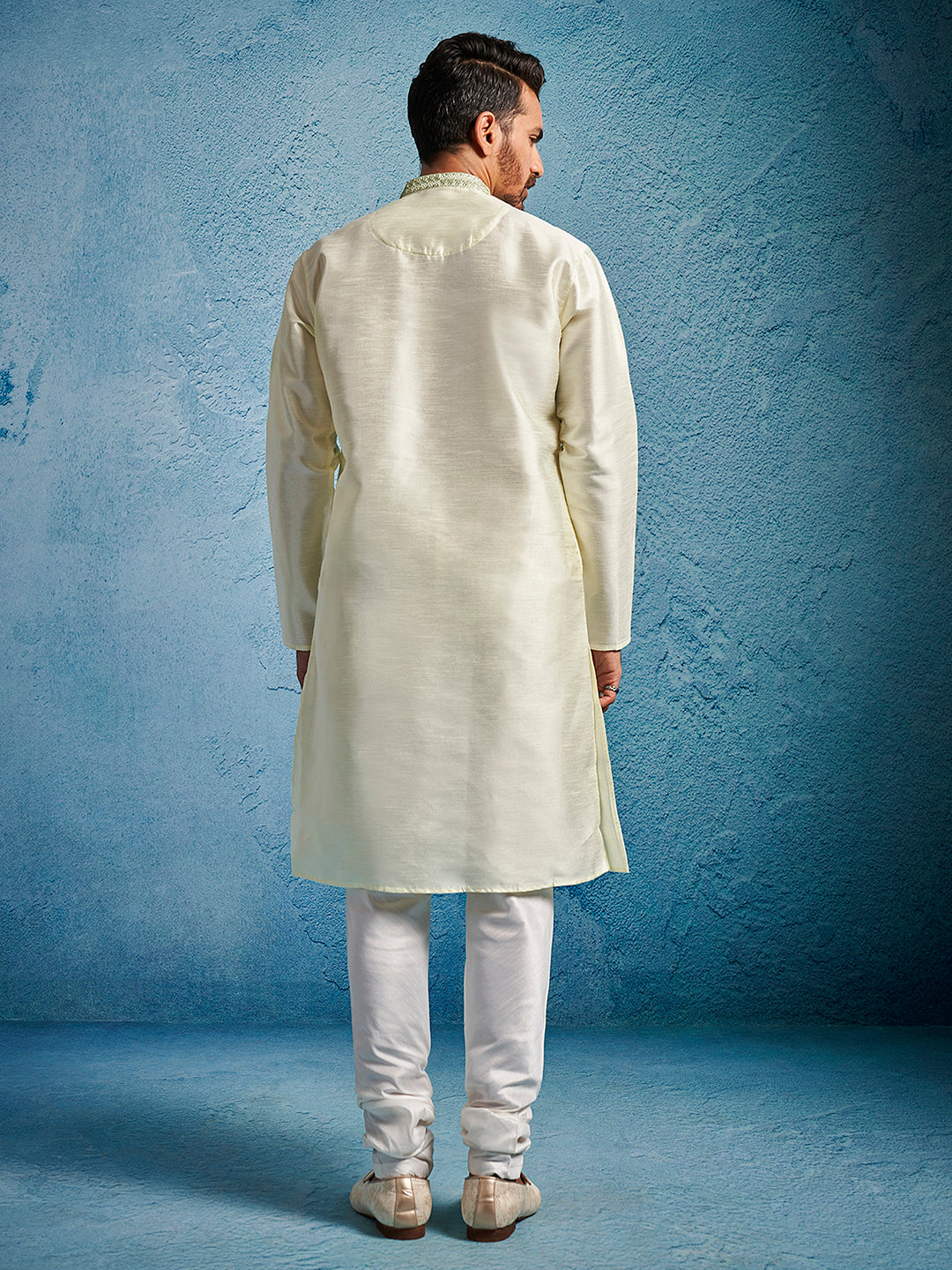 Men Cream Dupion Silk Embroidered Kurta with Churidar Set