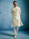 Men Cream Dupion Silk Embroidered Kurta with Churidar Set