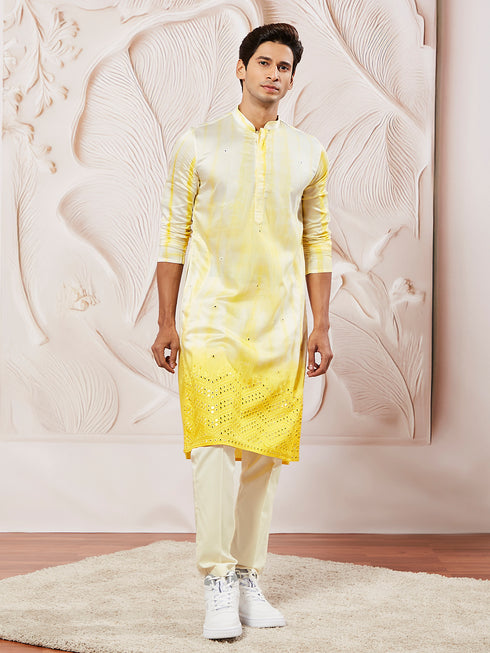 Men's Yellow Viscose Kurta Pyjama And Dupatta Set