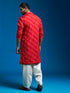 Men's Red And Cream Chinon Kurta And Patiala Set.