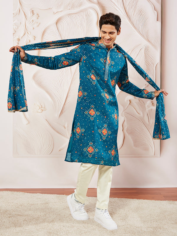 Men's Turquoise Chinon Kurta Pyjama And Dupatta Set For Men.