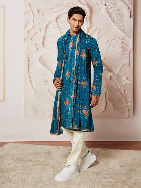 Men's Turquoise Chinon Kurta Pyjama And Dupatta Set For Men.