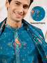 Men's Turquoise Chinon Kurta Pyjama And Dupatta Set For Men.