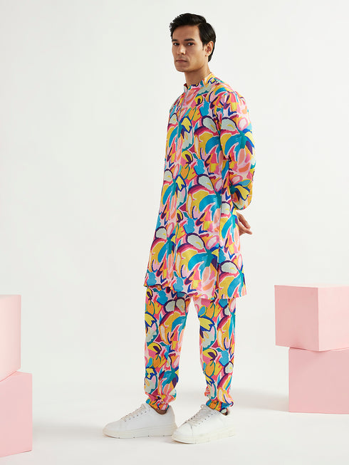 Men's Multicolour Crepe Kurta And Pyjama Set