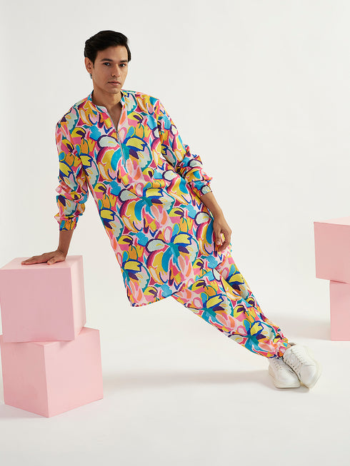 Men's Multicolour Crepe Kurta And Pyjama Set