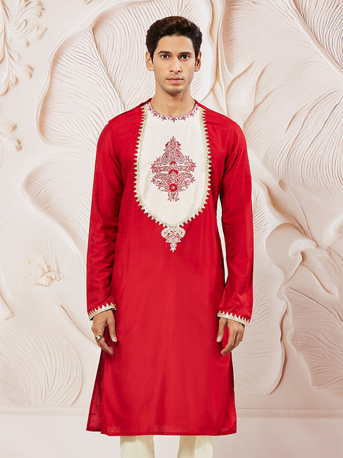 Men's Red Viscose Kurta