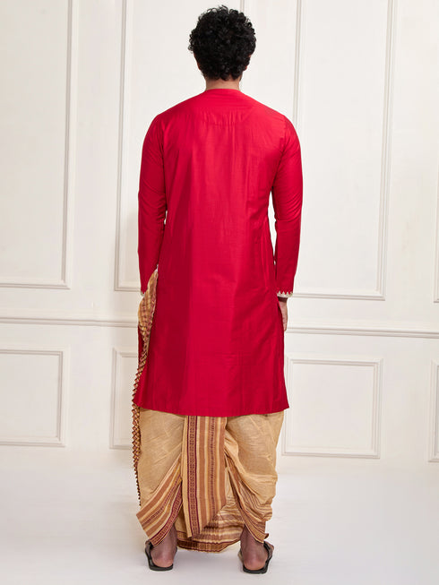 Men's Red Viscose Kurta And Dhoti Set