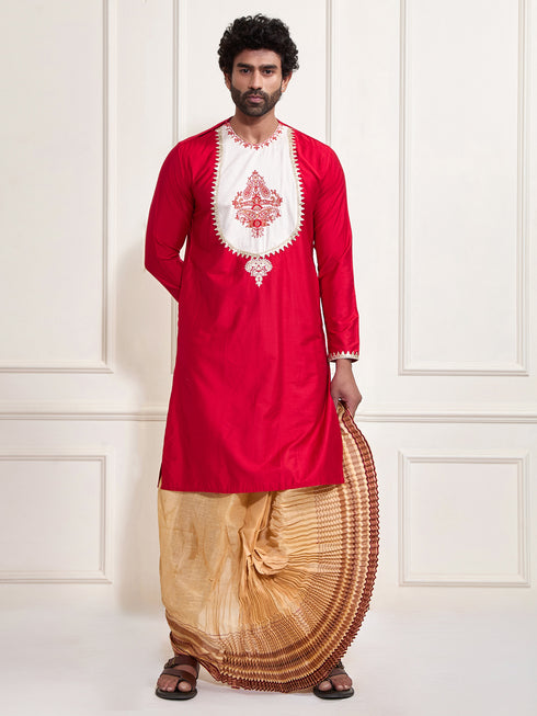Men's Red Viscose Kurta And Dhoti Set