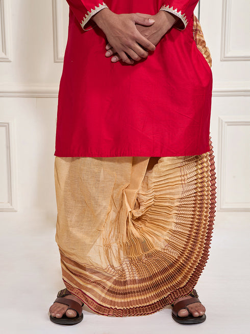 Men's Red Viscose Kurta And Dhoti Set