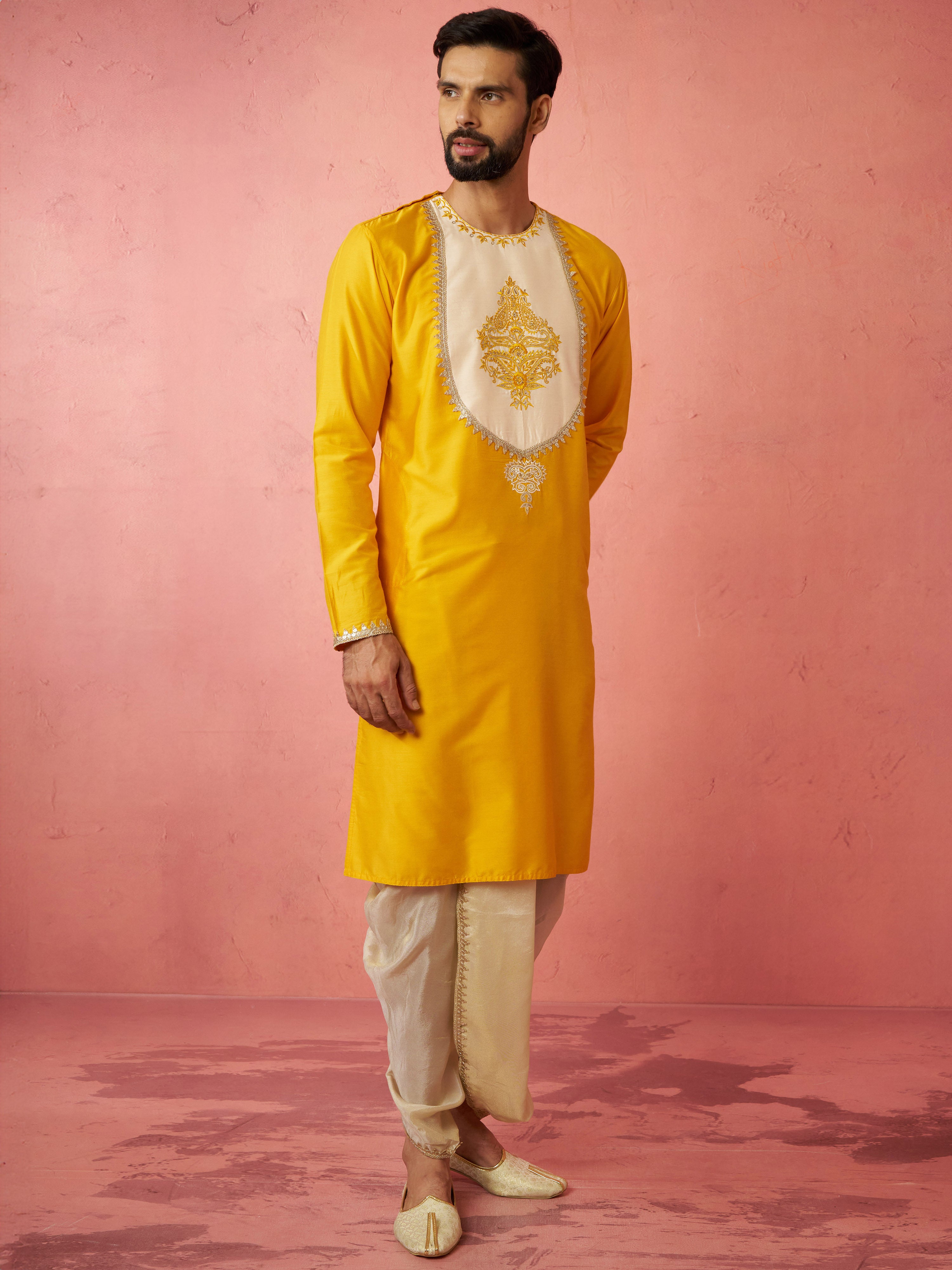 Men's Yellow Viscose Embroidered Kurta with Beige Tissue Dhoti Set