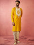 Men's Yellow Viscose Embroidered Kurta with Beige Tissue Dhoti Set