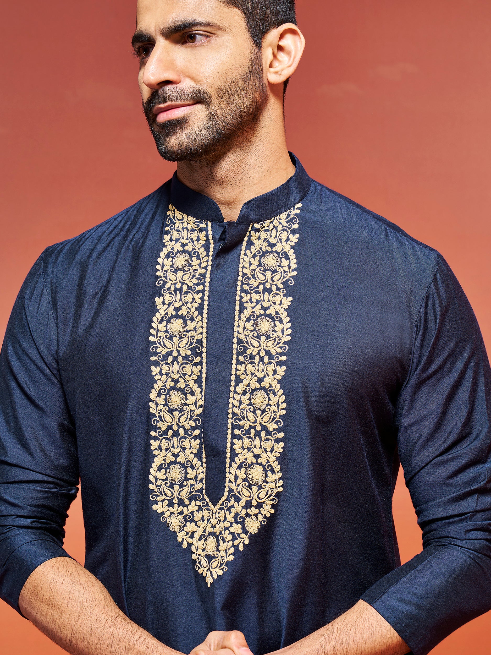 Men's Navy Blue Viscose Kurta And Pyjama Set