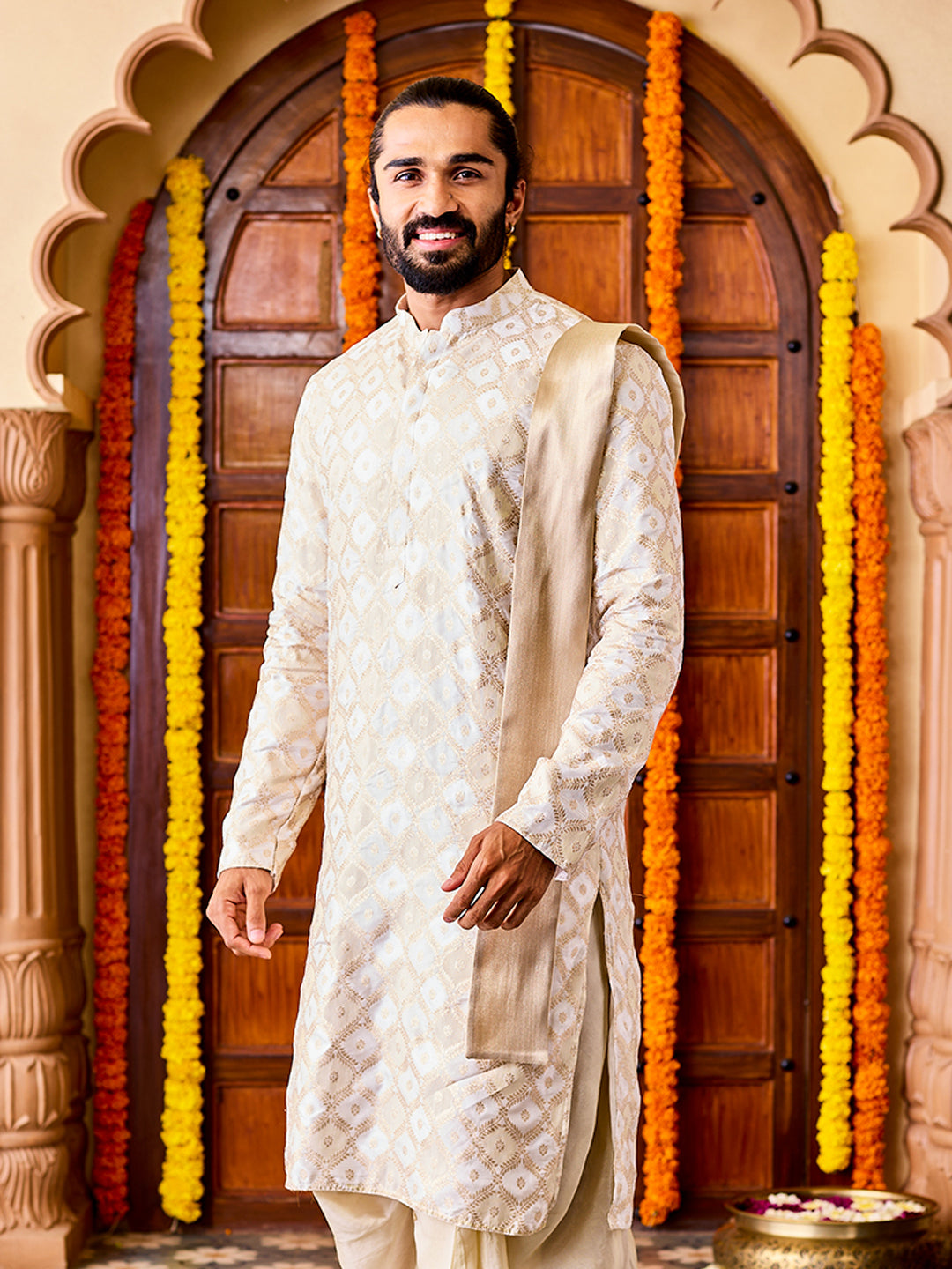 Men's Cream Tissue Benarasi Jacquard Kurta