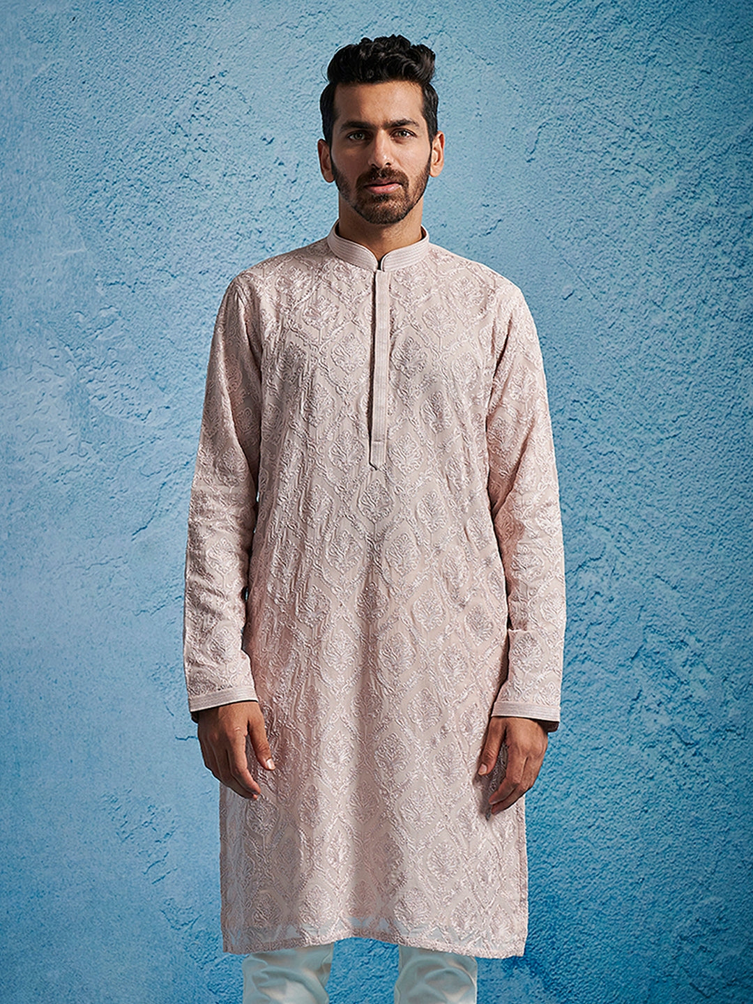 Men's Pink Georgette Ethnic Motiff Thigh Length Kurta