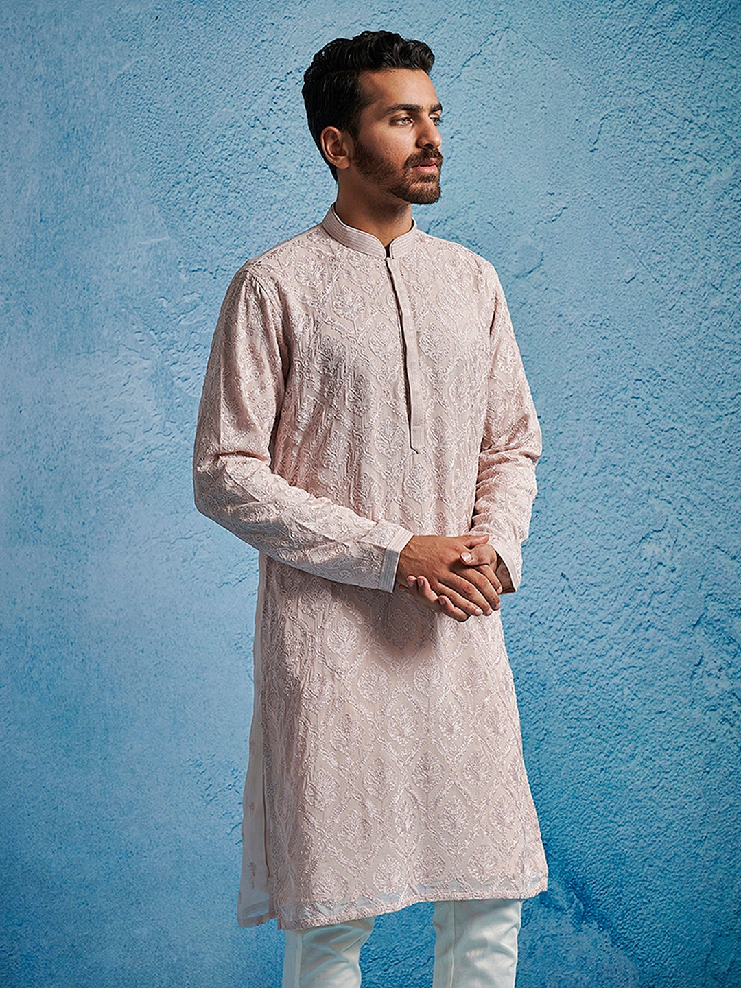 Men's Pink Georgette Ethnic Motiff Thigh Length Kurta