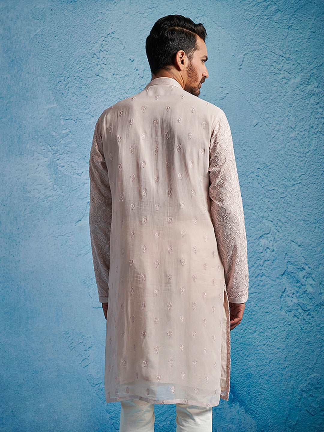 Men's Pink Georgette Ethnic Motiff Thigh Length Kurta