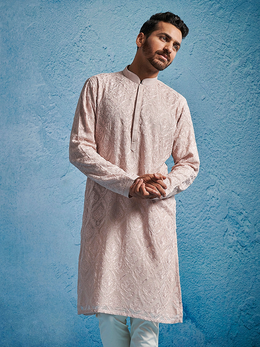 Men's Pink Georgette Ethnic Motiff Thigh Length Kurta
