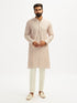 Men's Beige Georgette Ethnic Motiff Thigh Length Kurta Pant Set with Pyjama