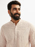 Men's Beige Georgette Ethnic Motiff Thigh Length Kurta Pant Set with Pyjama