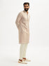 Men's Beige Georgette Ethnic Motiff Thigh Length Kurta Pant Set with Pyjama